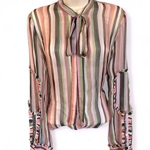NO.21 (Neiman Marcus) Silk Striped Button Up Pussiebow Tie Sheer Ruffle Blouse